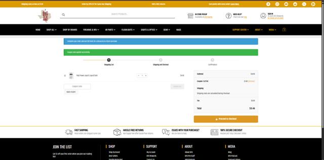 Big Tex Ordnance checkout page showing Big Tex Ordnance coupon code box | Screenshot taken by SimplyCodes community member on Sep 2, 2025