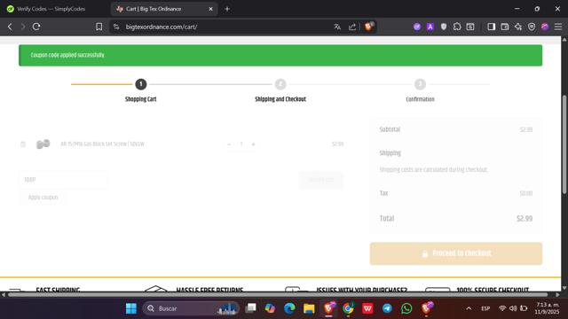 Big Tex Ordnance checkout page showing Big Tex Ordnance coupon code box | Screenshot taken by SimplyCodes community member on Sep 11, 2025