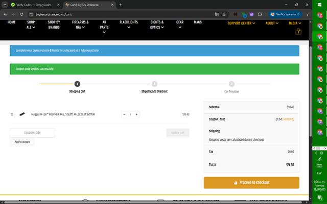 Big Tex Ordnance checkout page showing Big Tex Ordnance coupon code box | Screenshot taken by SimplyCodes community member on Sep 12, 2025