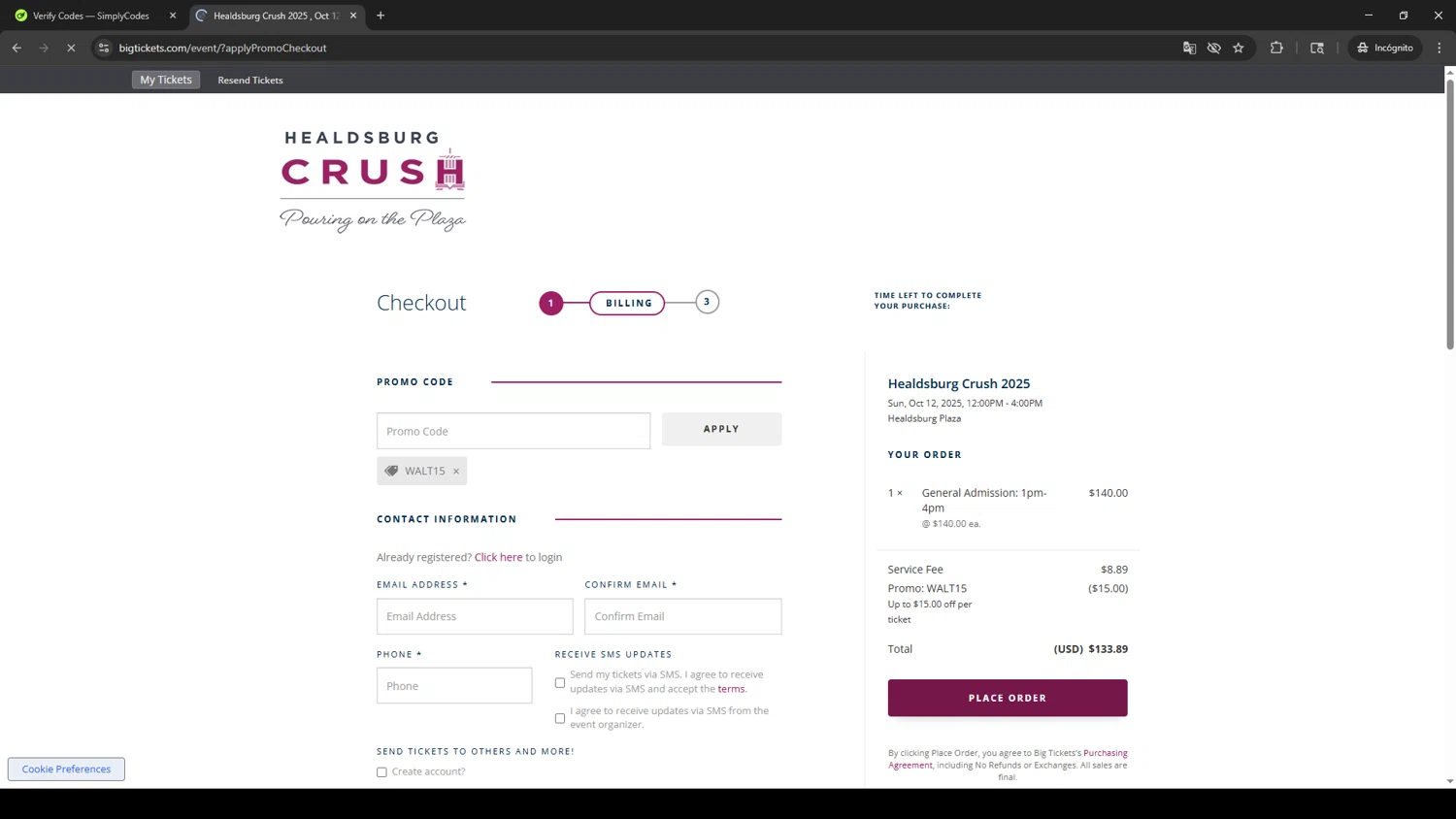 Big Tickets checkout page showing Big Tickets promo code box | Screenshot taken by SimplyCodes community member on Oct 4, 2025