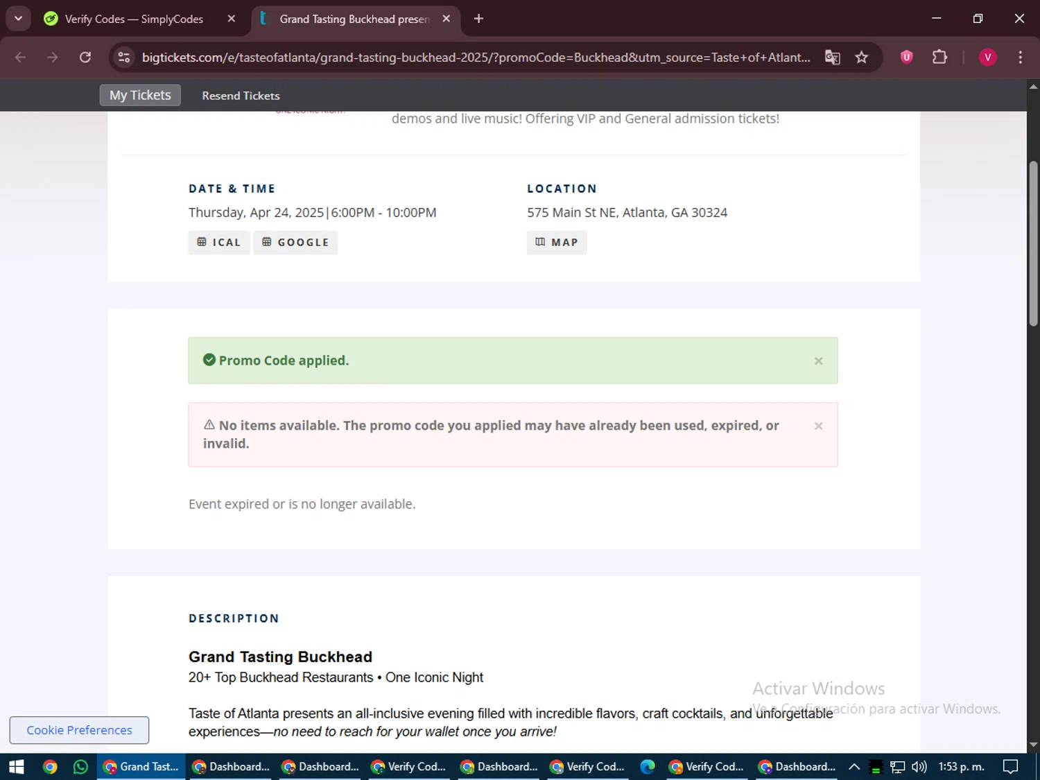 Big Tickets promo code screenshot showing code Buckhead applied at Big Tickets checkout page. Uploaded by SimplyCodes community member ShieldEagle6102 on Jun 5, 2025