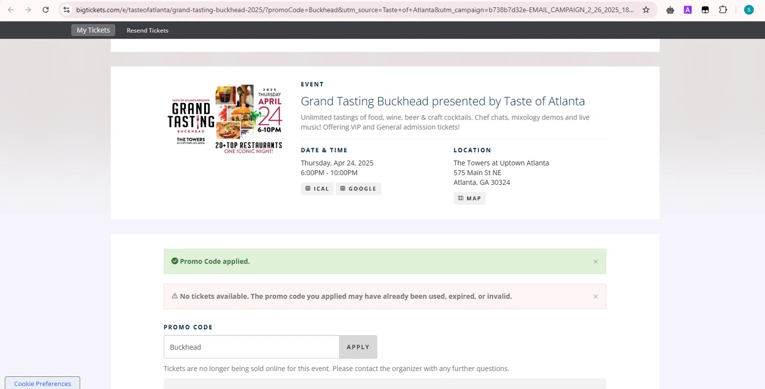 Big Tickets promo code screenshot showing code Buckhead applied at Big Tickets checkout page. Uploaded by SimplyCodes community member Teamgorila on May 11, 2025