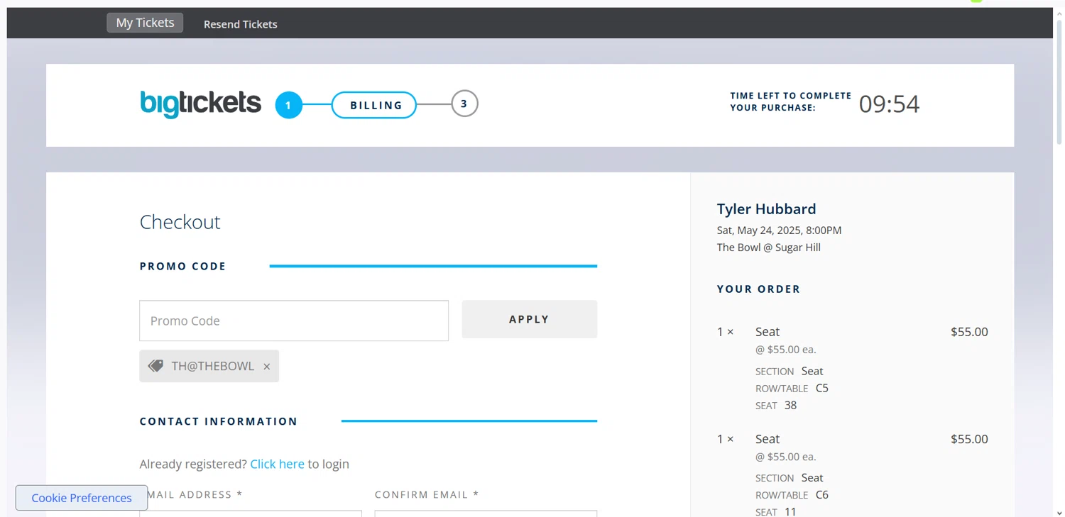 Big Tickets promo code screenshot showing code TH@THEBOWL applied at Big Tickets checkout page. Uploaded by SimplyCodes community member ______________________________ on May 5, 2025