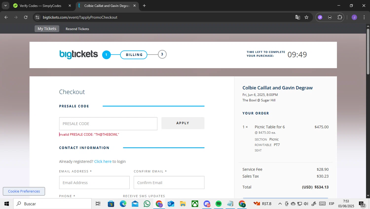 Big Tickets promo code screenshot showing code TH@THEBOWL applied at Big Tickets checkout page. Uploaded by SimplyCodes community member ENCARAMESSI on Jun 3, 2025