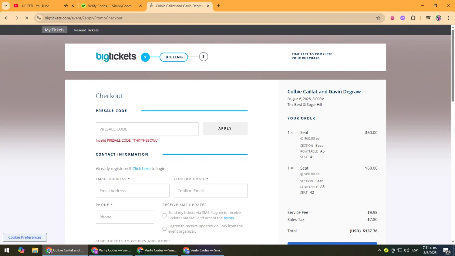Big Tickets promo code screenshot showing code TH@THEBOWL applied at Big Tickets checkout page. Uploaded by SimplyCodes community member Vanmanuel on Jun 3, 2025