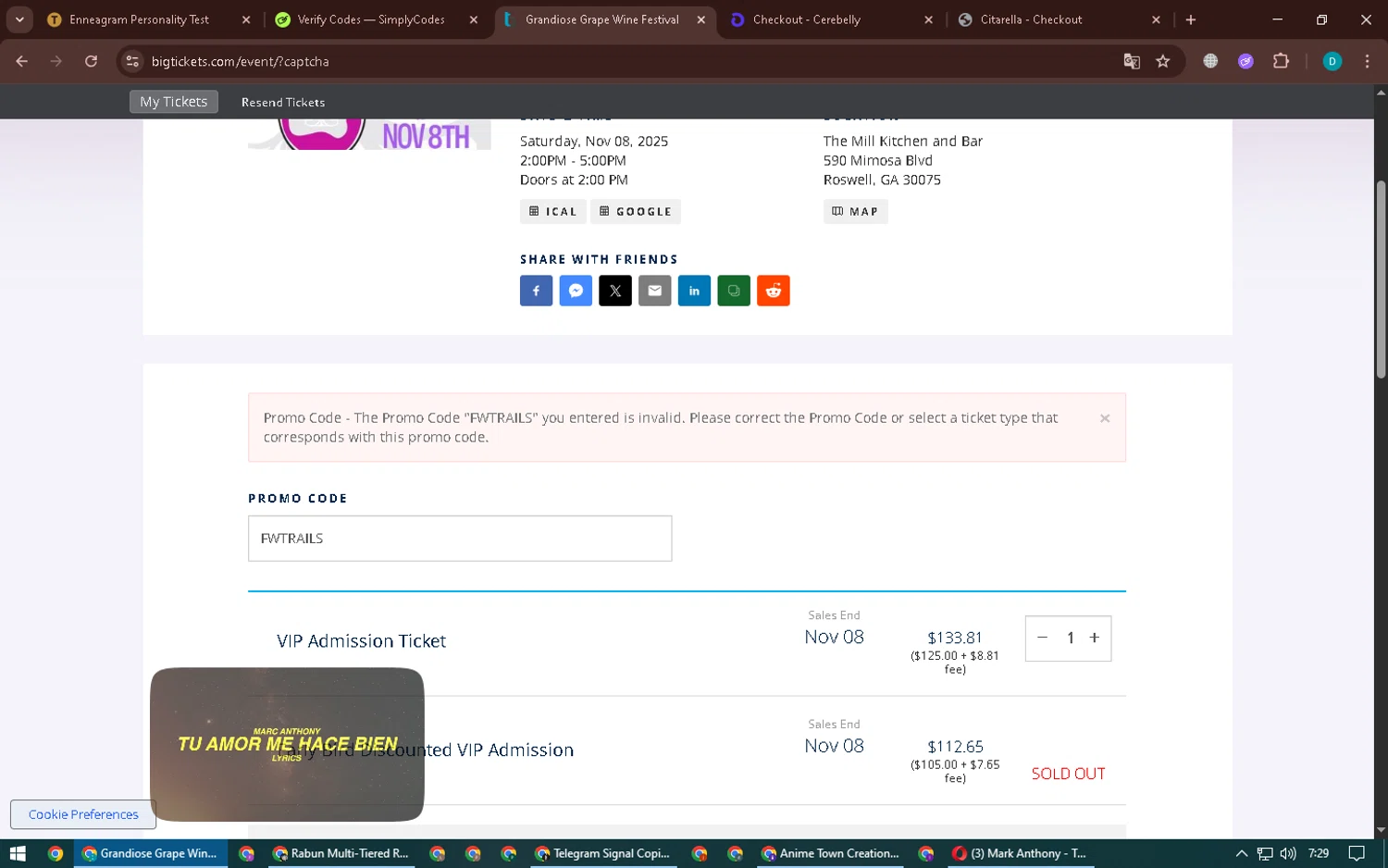 Big Tickets promo code screenshot showing code FWTRAILS applied at Big Tickets checkout page. Uploaded by SimplyCodes community member BonusPilot3825 on Oct 17, 2025