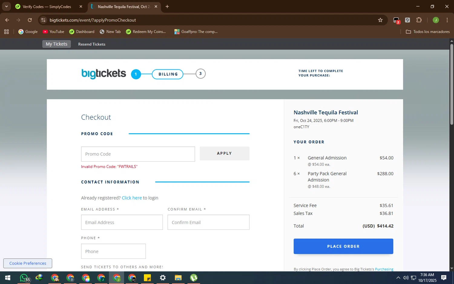 Big Tickets promo code screenshot showing code FWTRAILS applied at Big Tickets checkout page. Uploaded by SimplyCodes community member QueTeImporta on Oct 17, 2025