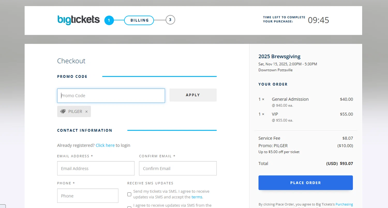 Big Tickets promo code screenshot showing code PILGER applied at Big Tickets checkout page. Uploaded by SimplyCodes community member jenifferalvarez on Oct 28, 2025