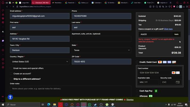 Big Wall Décor checkout page showing Big Wall Décor promo code box | Screenshot taken by SimplyCodes community member on Aug 15, 2025