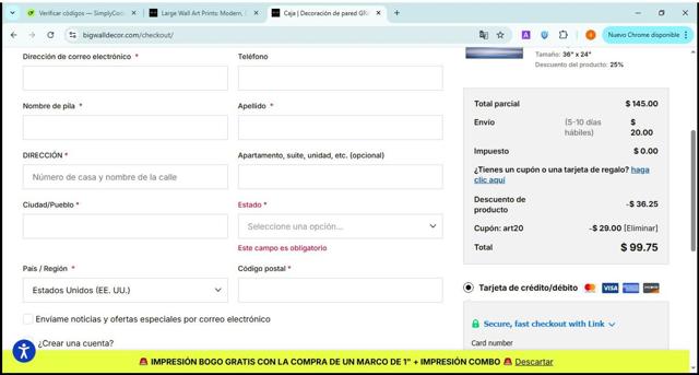 Big Wall Décor checkout page showing Big Wall Décor promo code box | Screenshot taken by SimplyCodes community member on Aug 24, 2025