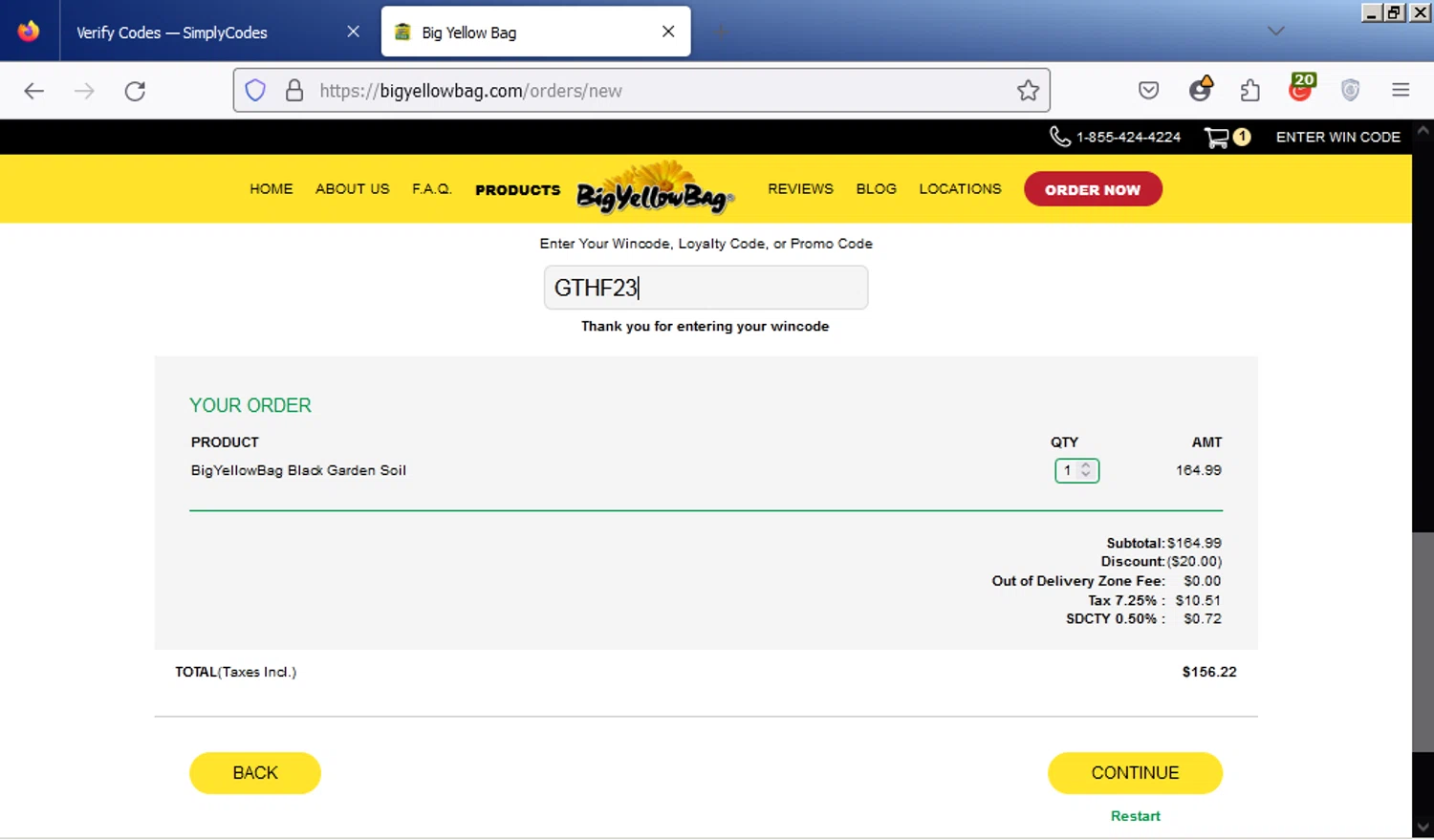 Big Yellow Bag checkout page showing Big Yellow Bag promo code box | Screenshot taken by SimplyCodes community member on Apr 12, 2024