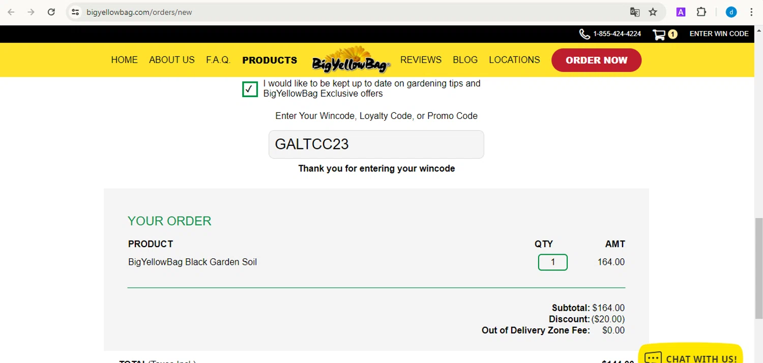 Big Yellow Bag checkout page showing Big Yellow Bag promo code box | Screenshot taken by SimplyCodes community member on Apr 12, 2024