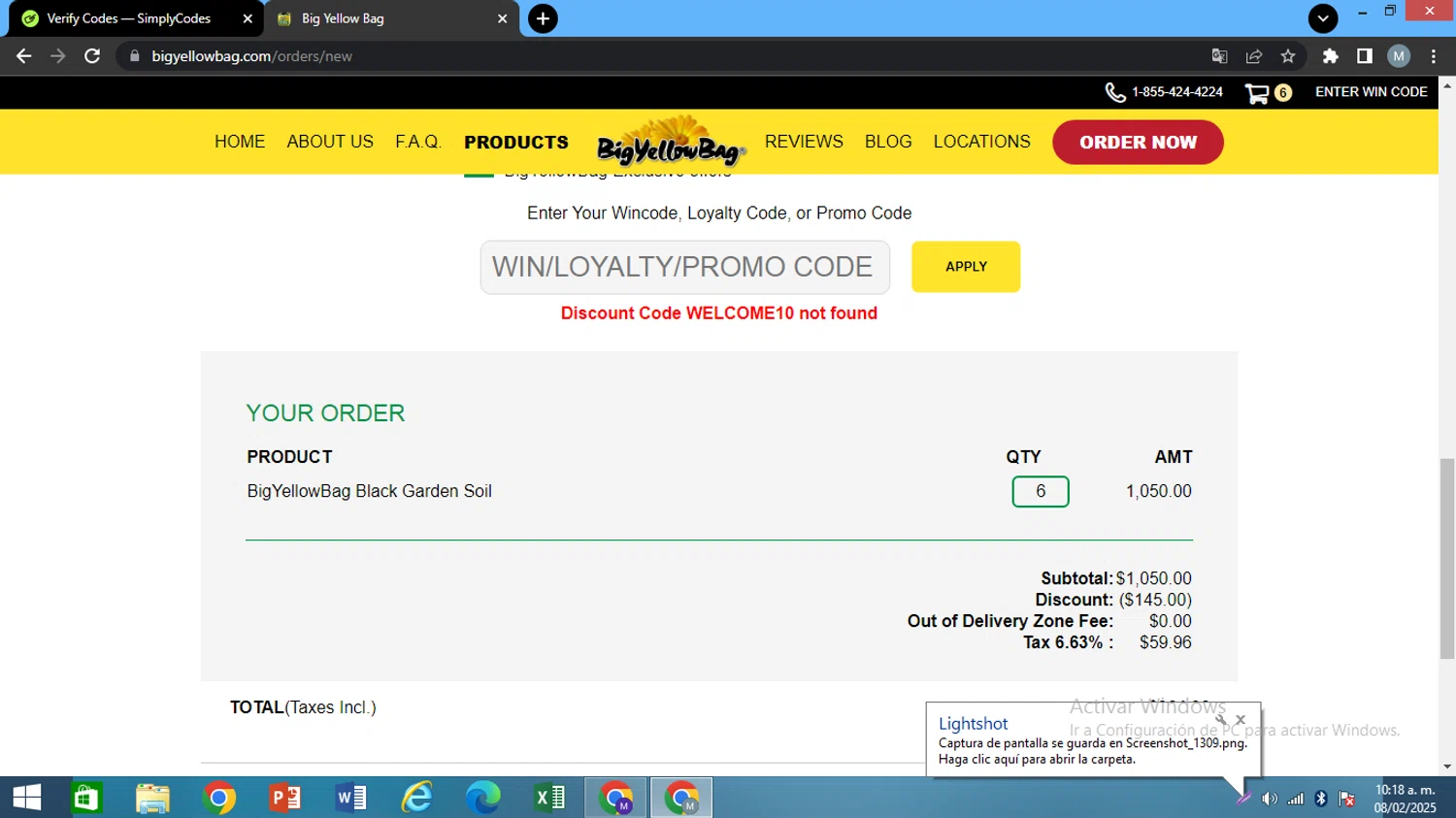 Big Yellow Bag promo code screenshot showing code WELCOME10 applied at Big Yellow Bag checkout page. Uploaded by SimplyCodes community member AJOTAA on Feb 8, 2025