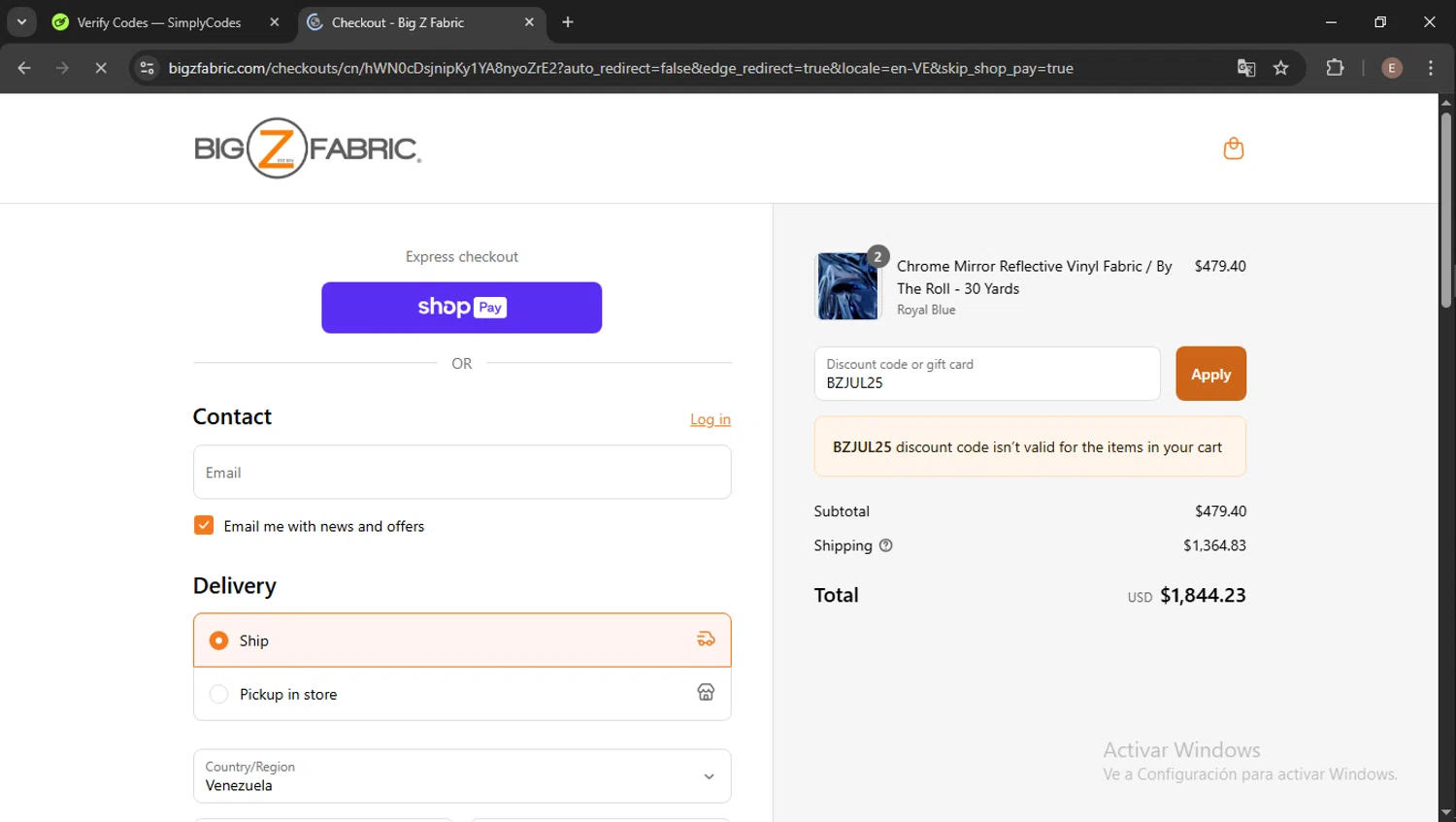 Big Z Fabric discount code screenshot showing code BZJUL25 applied at Big Z Fabric checkout page. Uploaded by SimplyCodes community member Esteban14 on Jul 14, 2025