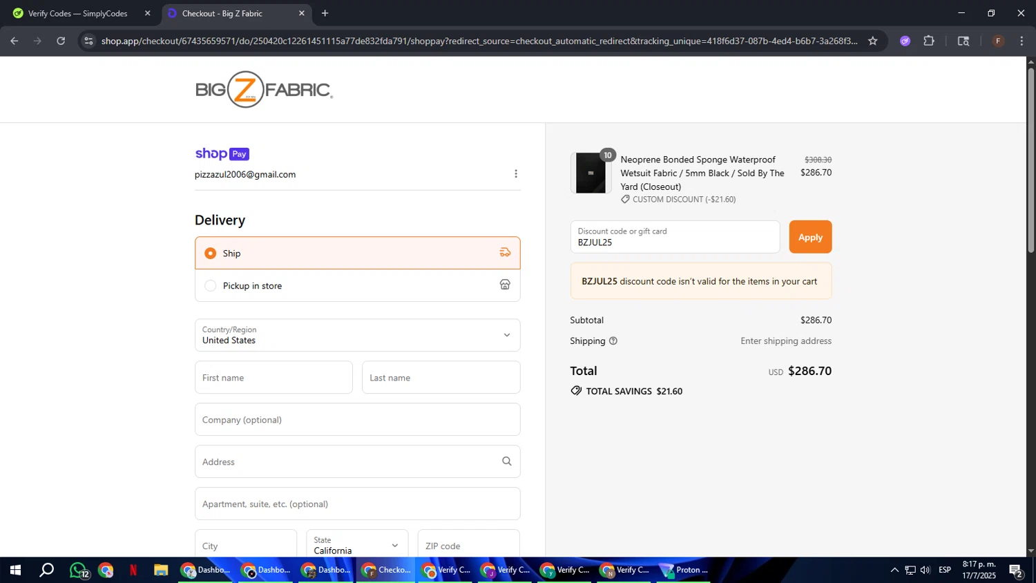 Big Z Fabric discount code screenshot showing code BZJUL25 applied at Big Z Fabric checkout page. Uploaded by SimplyCodes community member ExtraordinaryHunter3076 on Jul 18, 2025