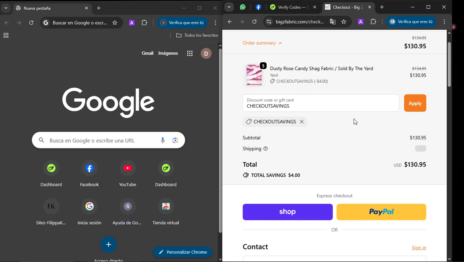 Big Z Fabric discount code screenshot showing code CHECKOUTSAVINGS applied at Big Z Fabric checkout page. Uploaded by SimplyCodes community member SilverSeeker255 on Sep 24, 2025