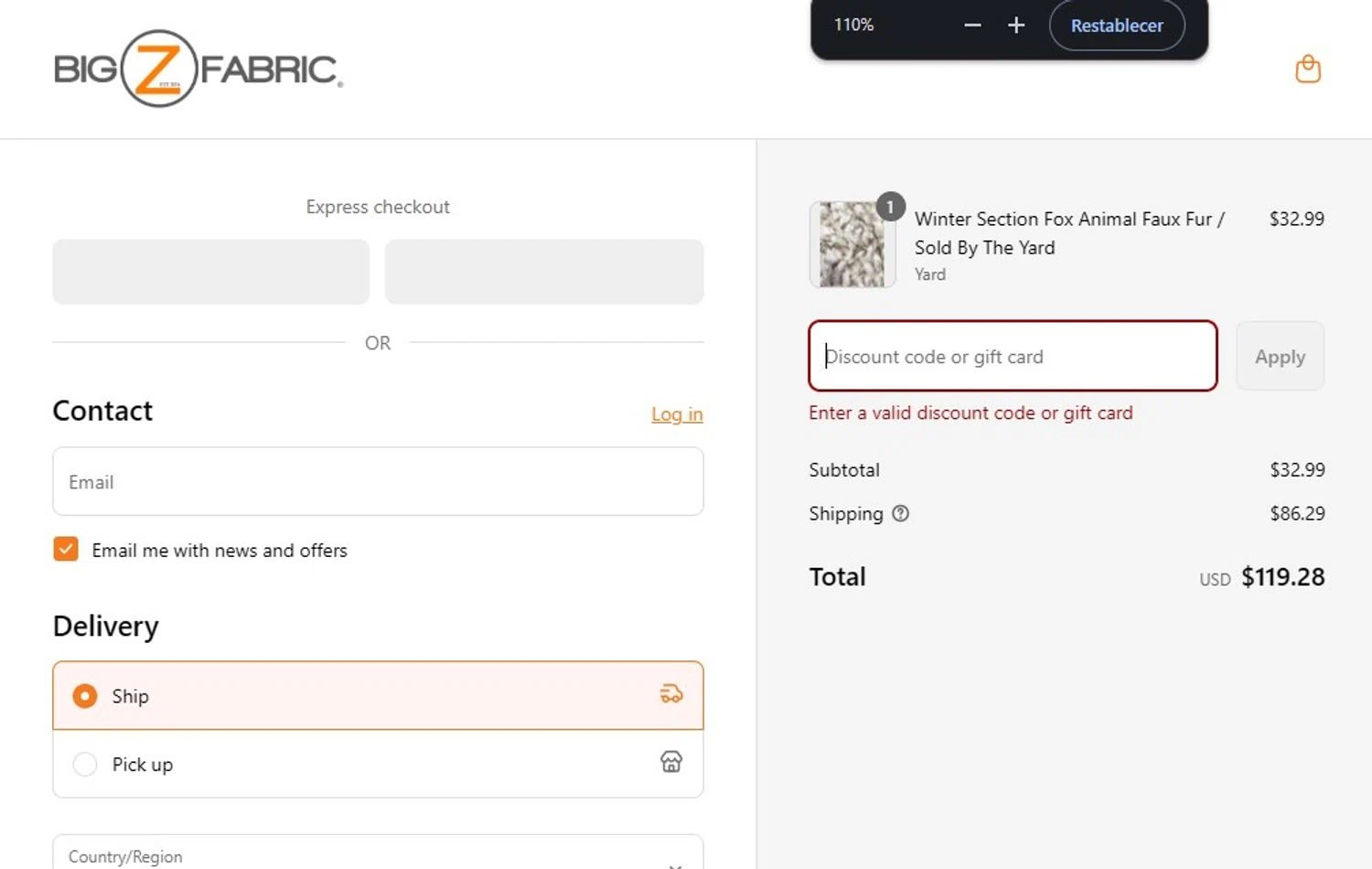 Big Z Fabric discount code screenshot showing code labor4u applied at Big Z Fabric checkout page. Uploaded by SimplyCodes community member QuestPro4808 on Sep 3, 2025