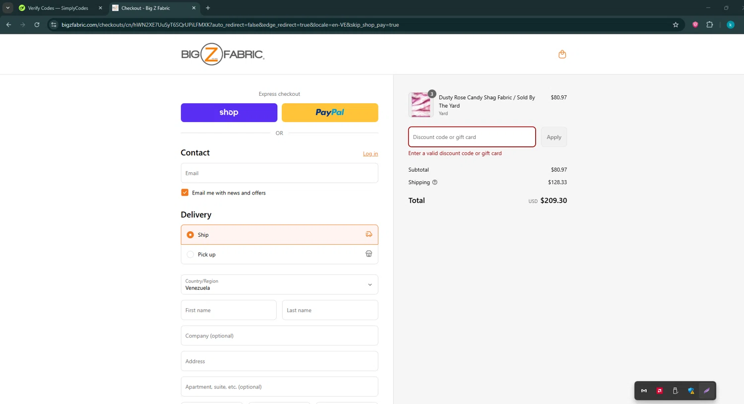 Big Z Fabric discount code screenshot showing code labor4u applied at Big Z Fabric checkout page. Uploaded by SimplyCodes community member RewardKnight9989 on Sep 3, 2025