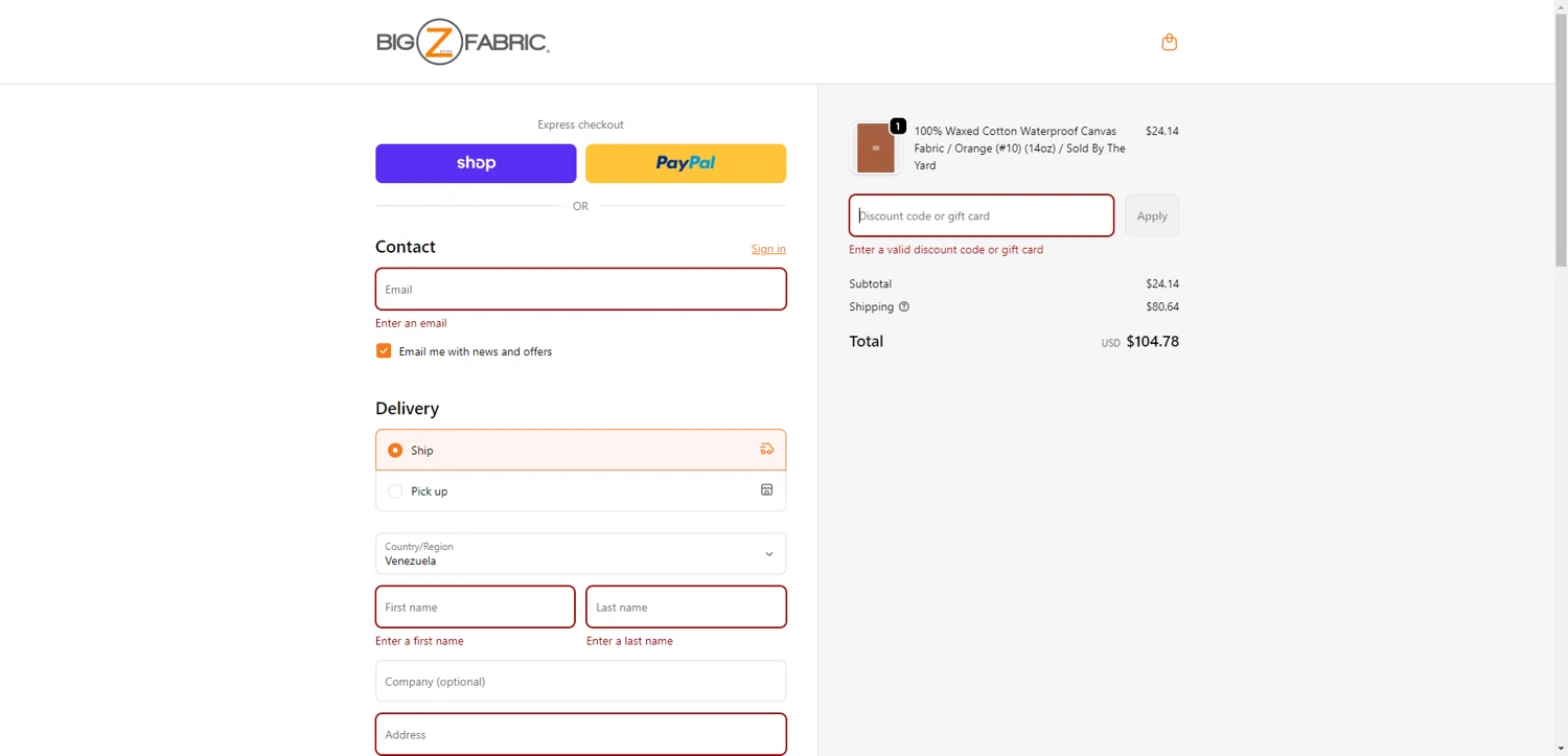 Big Z Fabric discount code screenshot showing code BZOCT25 applied at Big Z Fabric checkout page. Uploaded by SimplyCodes community member CleverHawk1744 on Nov 7, 2025