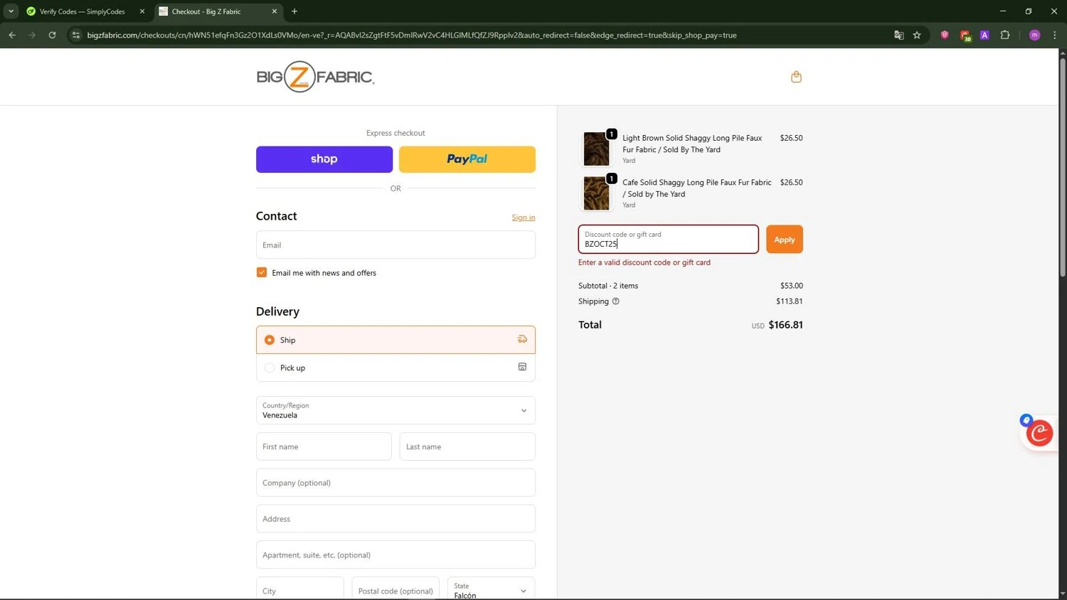Big Z Fabric discount code screenshot showing code BZOCT25 applied at Big Z Fabric checkout page. Uploaded by SimplyCodes community member TokenChaser4876 on Nov 7, 2025