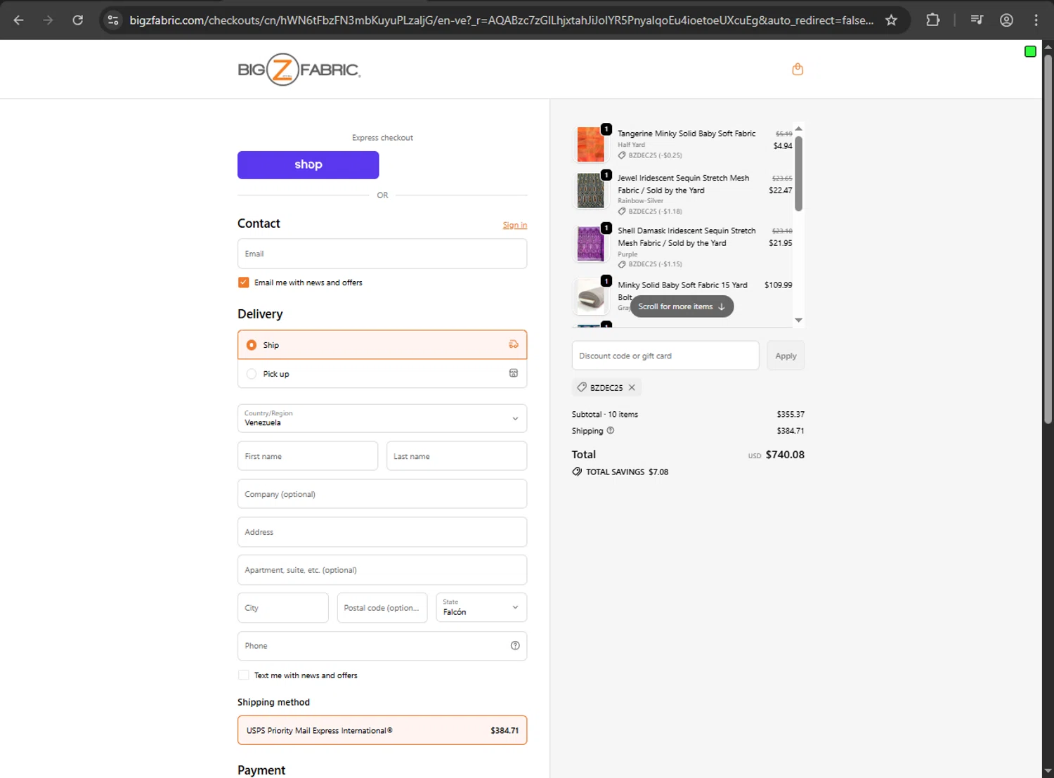 Big Z Fabric discount code screenshot showing code BZDEC25 applied at Big Z Fabric checkout page. Uploaded by SimplyCodes community member MRDEAL on Dec 26, 2025
