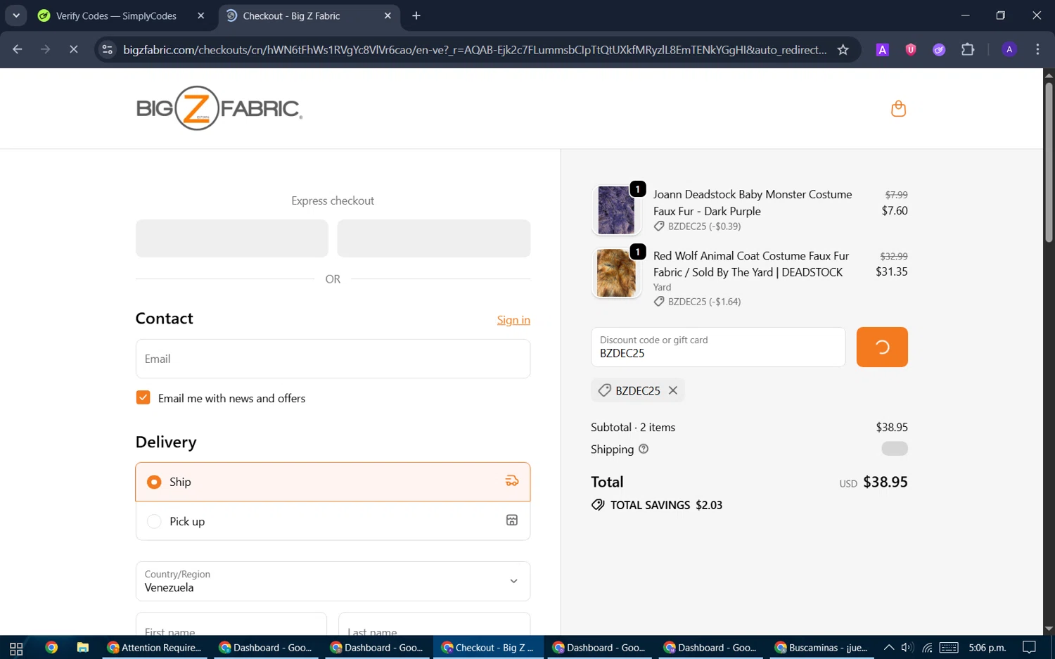 Big Z Fabric discount code screenshot showing code BZDEC25 applied at Big Z Fabric checkout page. Uploaded by SimplyCodes community member ThriftySentinel2853 on Dec 26, 2025