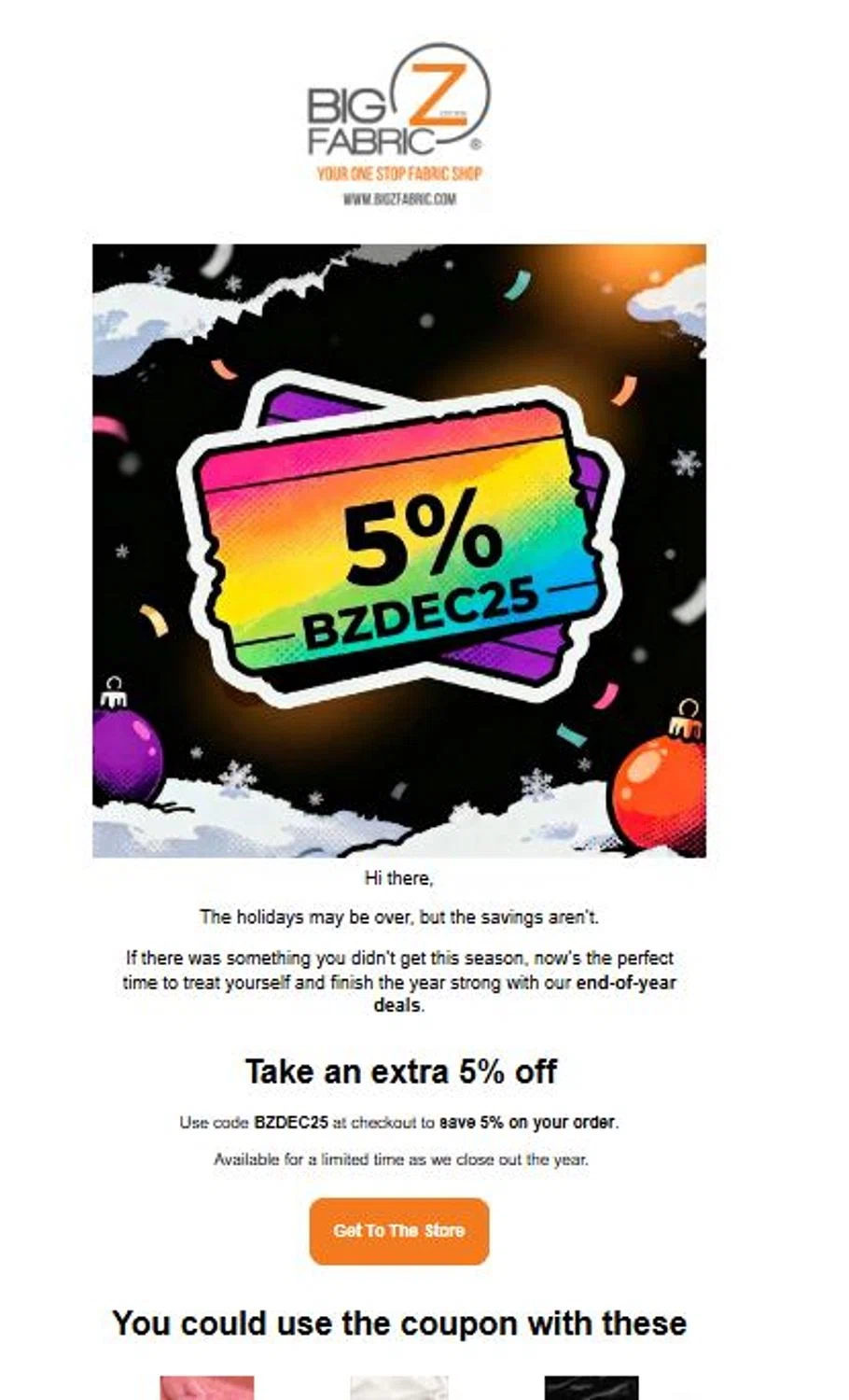 Big Z Fabric discount code screenshot showing code BZDEC25 applied at Big Z Fabric checkout page. Uploaded by SimplyCodes community member stygian1 on Dec 26, 2025