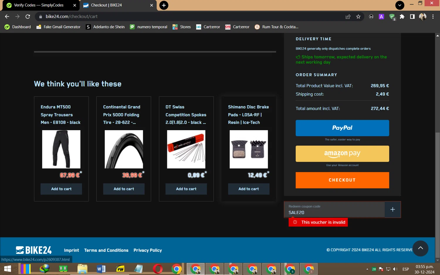 Bike24 coupon code screenshot showing code SALE20 applied at Bike24 checkout page. Uploaded by SimplyCodes community member JoseH45 on Dec 30, 2024