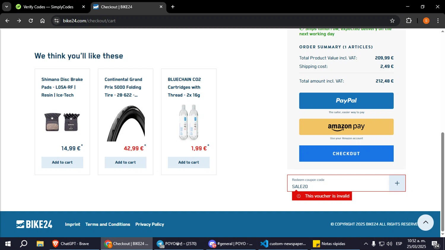 Bike24 coupon code screenshot showing code SALE20 applied at Bike24 checkout page. Uploaded by SimplyCodes community member StevenZarraga on Mar 25, 2025