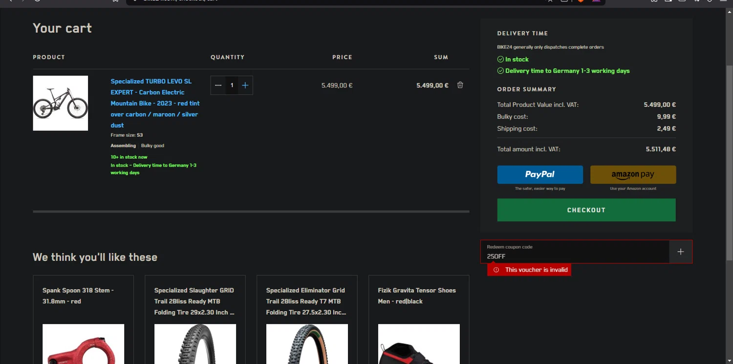 Bike24 coupon code screenshot showing code 25OFF applied at Bike24 checkout page. Uploaded by SimplyCodes community member Nor_man on Feb 25, 2025