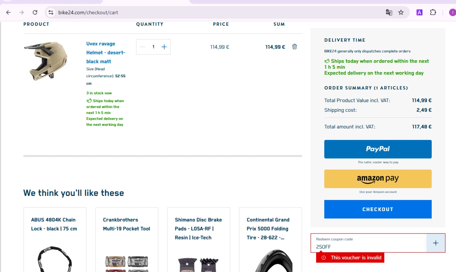 Bike24 coupon code screenshot showing code 25OFF applied at Bike24 checkout page. Uploaded by SimplyCodes community member BudgetElite1200 on Mar 12, 2025