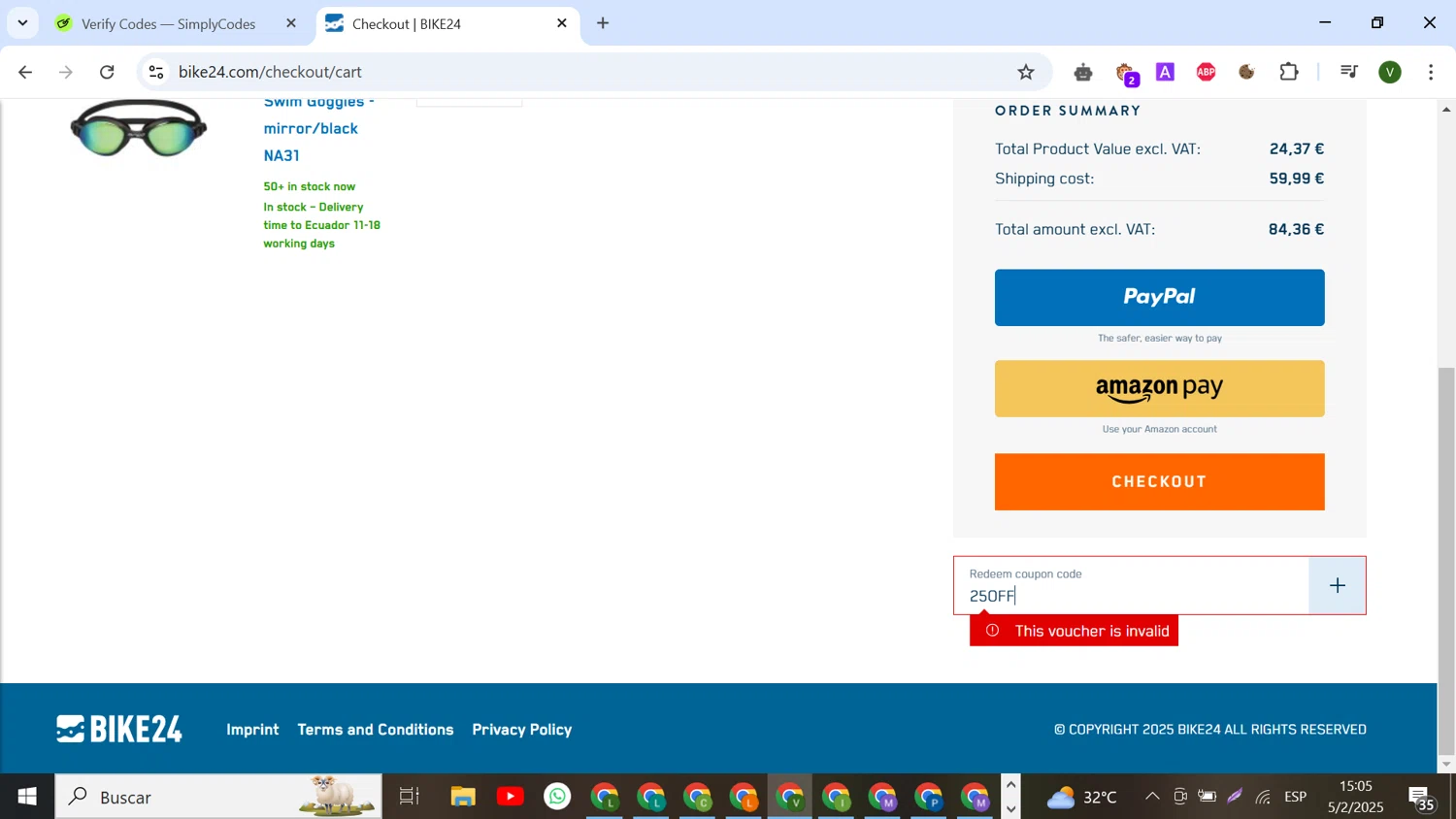 Bike24 coupon code screenshot showing code 25OFF applied at Bike24 checkout page. Uploaded by SimplyCodes community member SilverCollector8265 on Feb 5, 2025