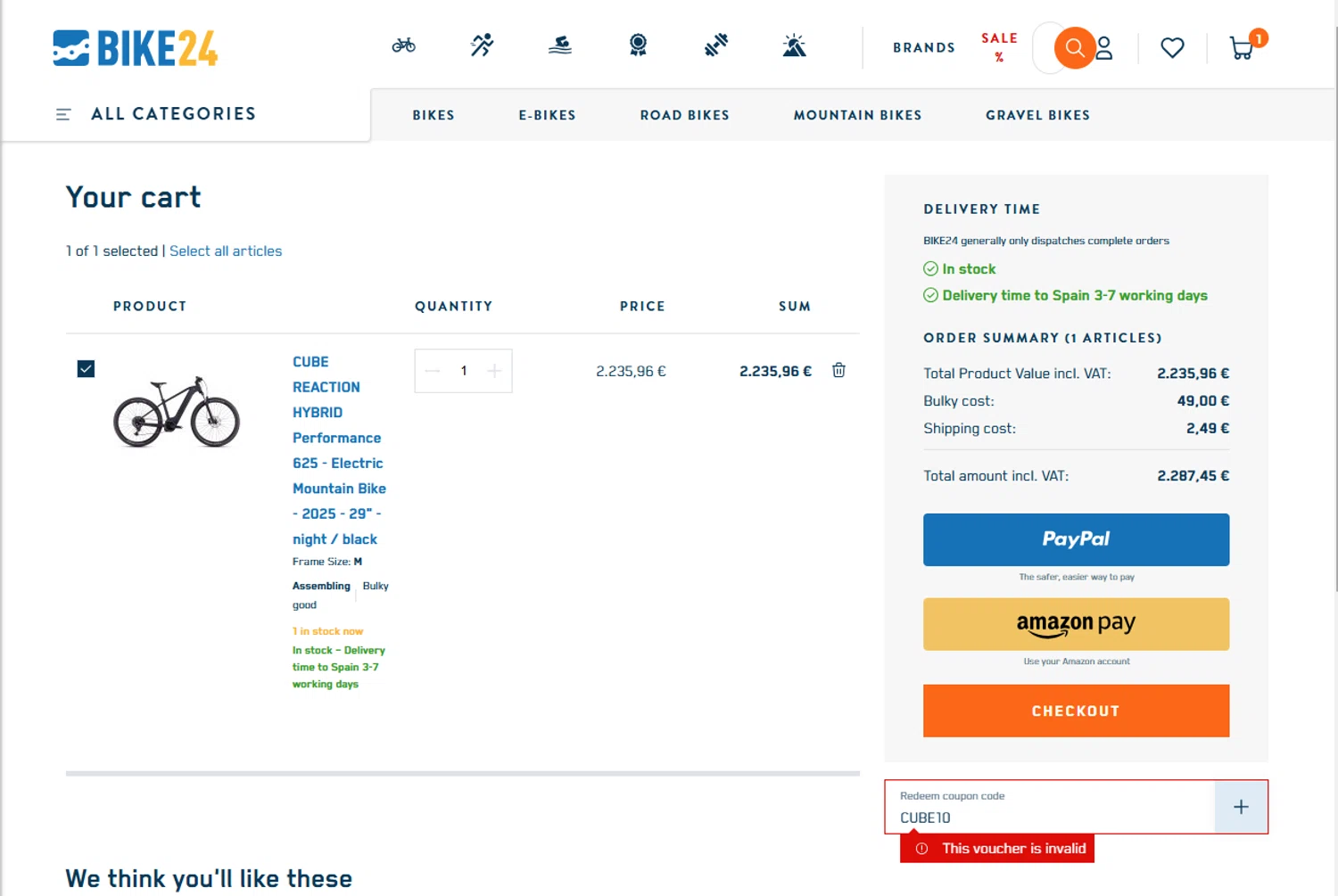 Bike24 coupon code screenshot showing code CUBE10 applied at Bike24 checkout page. Uploaded by SimplyCodes community member SmartFinder4193 on Mar 20, 2025