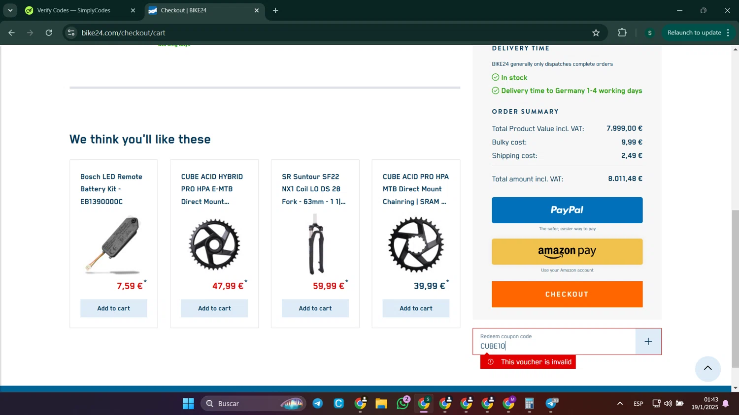 Bike24 coupon code screenshot showing code CUBE10 applied at Bike24 checkout page. Uploaded by SimplyCodes community member SaleHunter9008 on Jan 19, 2025