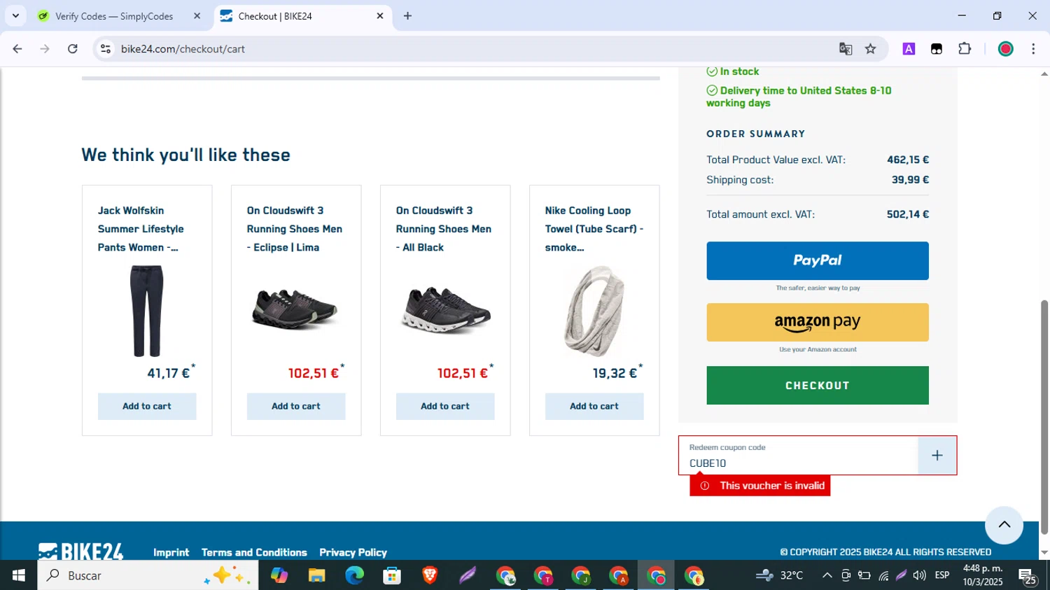 Bike24 coupon code screenshot showing code CUBE10 applied at Bike24 checkout page. Uploaded by SimplyCodes community member BrilliantLynx1642 on Mar 10, 2025