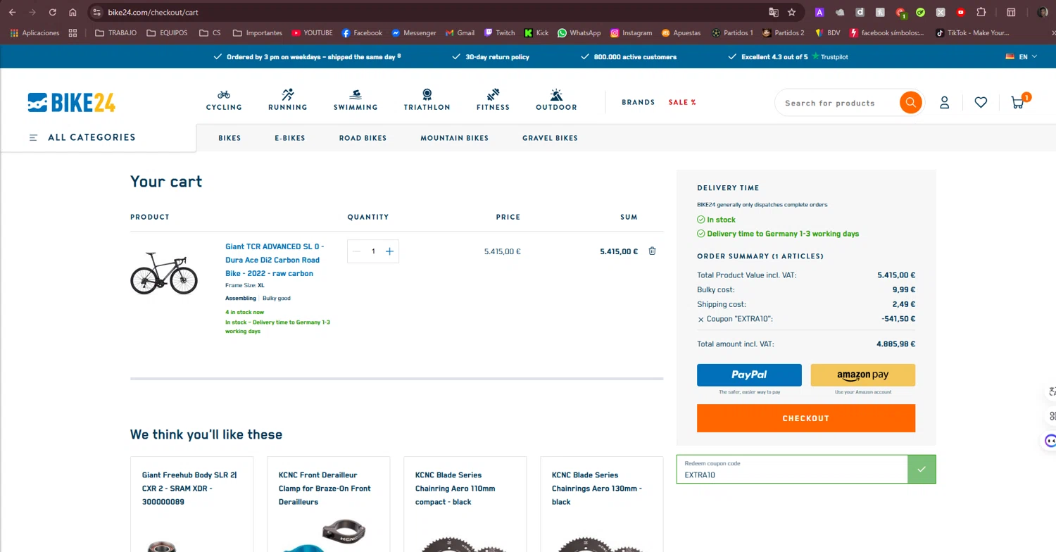 Bike24 checkout page showing Bike24 coupon code box | Screenshot taken by SimplyCodes community member on Mar 14, 2025