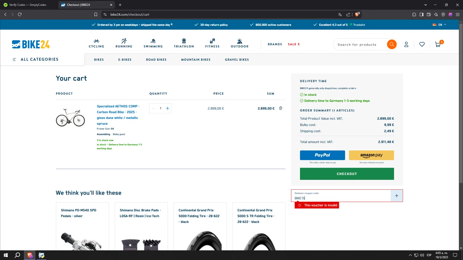 Bike24 coupon code screenshot showing code BIKE15 applied at Bike24 checkout page. Uploaded by SimplyCodes community member kkkkkkkkkkkkkkkkkkkk on Mar 19, 2025