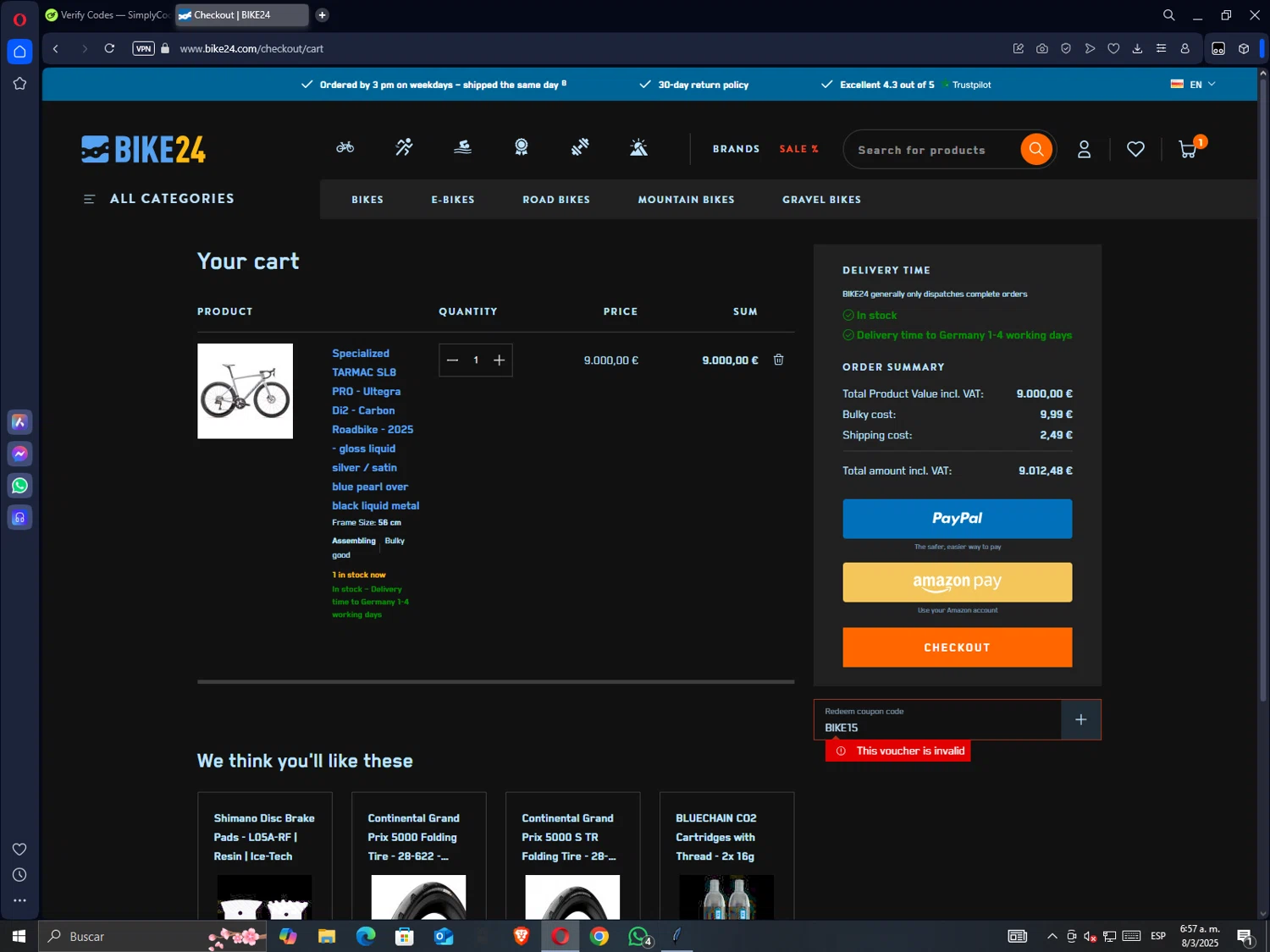 Bike24 coupon code screenshot showing code BIKE15 applied at Bike24 checkout page. Uploaded by SimplyCodes community member GrimmKing on Mar 8, 2025