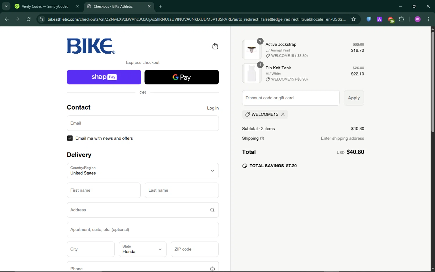 Bike Athletic discount code screenshot showing code WELCOME15 applied at Bike Athletic checkout page. Uploaded by SimplyCodes community member TokenChaser4876 on Jun 26, 2025