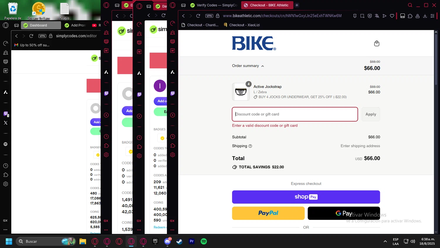 Bike Athletic discount code screenshot showing code 3PACK applied at Bike Athletic checkout page. Uploaded by SimplyCodes community member Halanweik on Aug 18, 2025