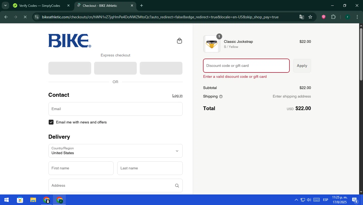 Bike Athletic discount code screenshot showing code 3PACK applied at Bike Athletic checkout page. Uploaded by SimplyCodes community member rodri1 on Aug 18, 2025