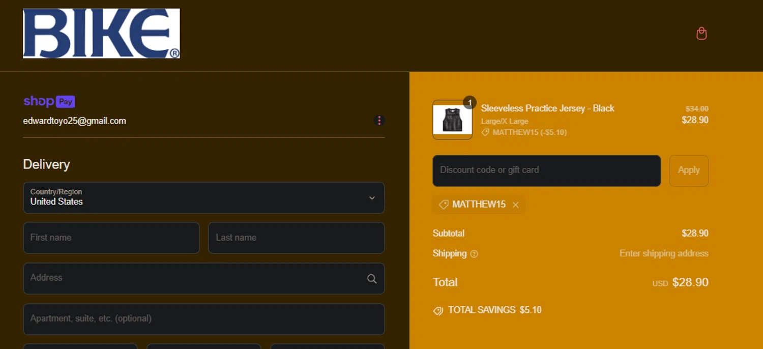 Bike Athletic discount code screenshot showing code MATTHEW15 applied at Bike Athletic checkout page. Uploaded by SimplyCodes community member edwardtoyo on Mar 8, 2025
