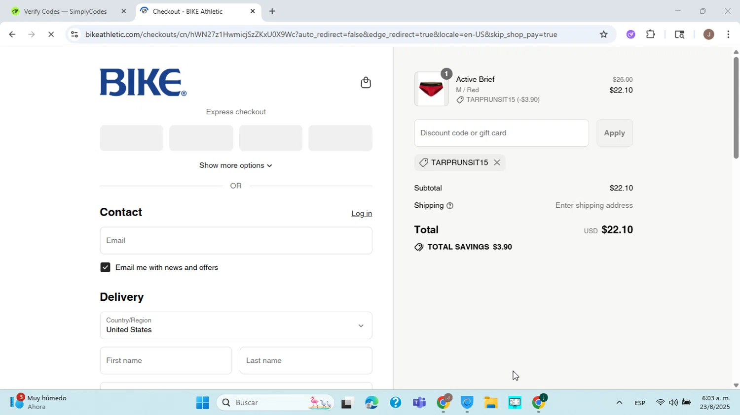Bike Athletic discount code screenshot showing code TARPRUNSIT15 applied at Bike Athletic checkout page. Uploaded by SimplyCodes community member ABHF23 on Aug 23, 2025
