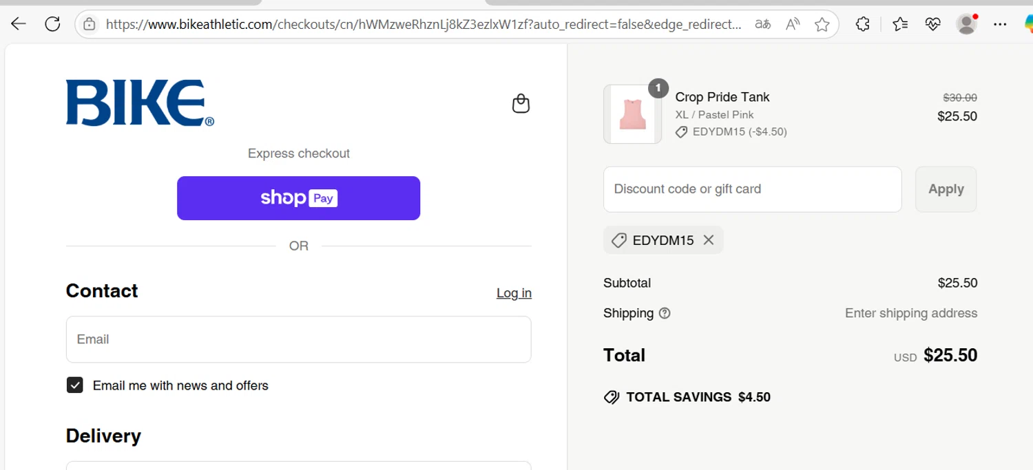 Bike Athletic discount code screenshot showing code EDYDM15 applied at Bike Athletic checkout page. Uploaded by SimplyCodes community member Marysan on Jun 26, 2025