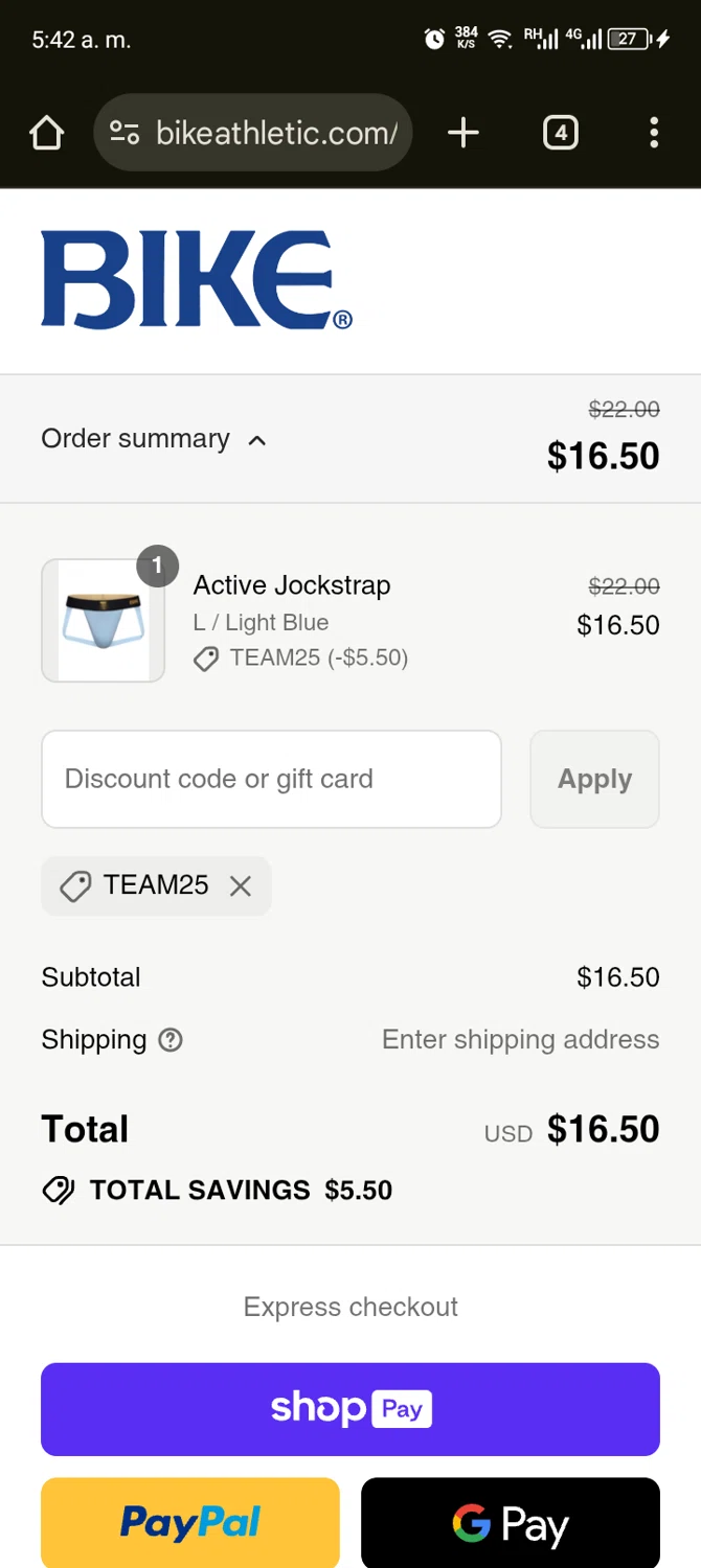 Bike Athletic discount code screenshot showing code TEAM25 applied at Bike Athletic checkout page. Uploaded by SimplyCodes community member ScanShopper554 on Aug 1, 2025