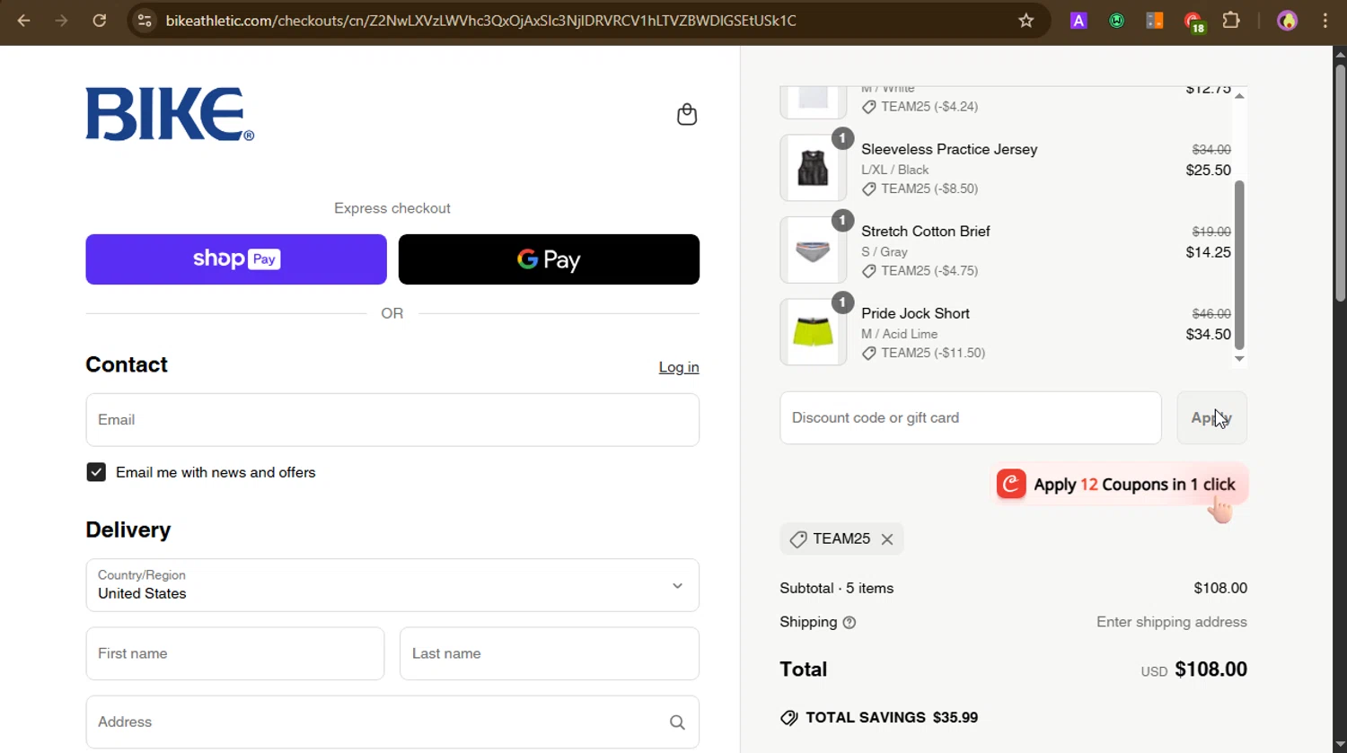 Bike Athletic discount code screenshot showing code TEAM25 applied at Bike Athletic checkout page. Uploaded by SimplyCodes community member GoldAce5838 on May 26, 2025