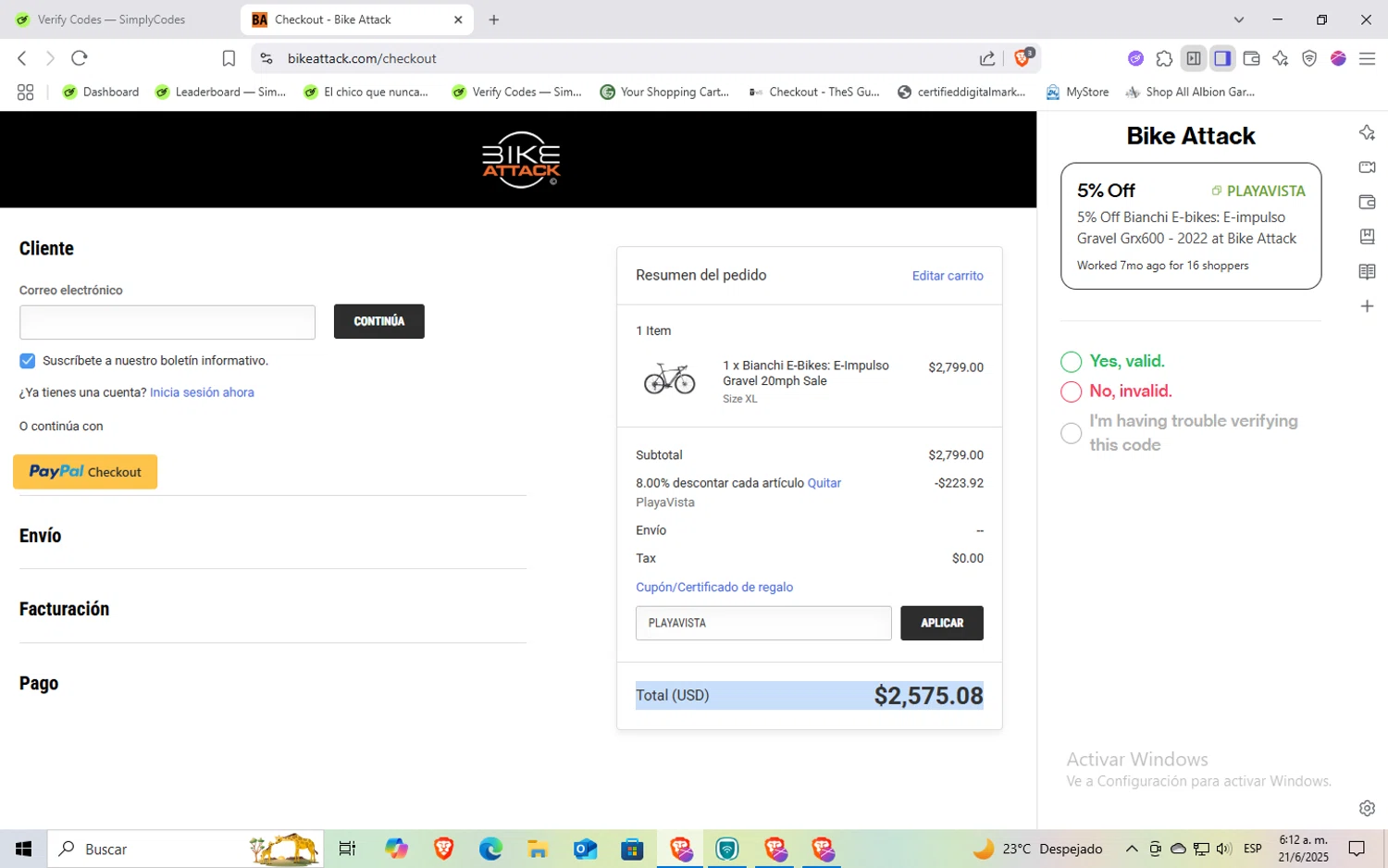 Bike Attack promo code screenshot showing code PLAYAVISTA applied at Bike Attack checkout page. Uploaded by SimplyCodes community member Rayyyyyy on Jun 21, 2025