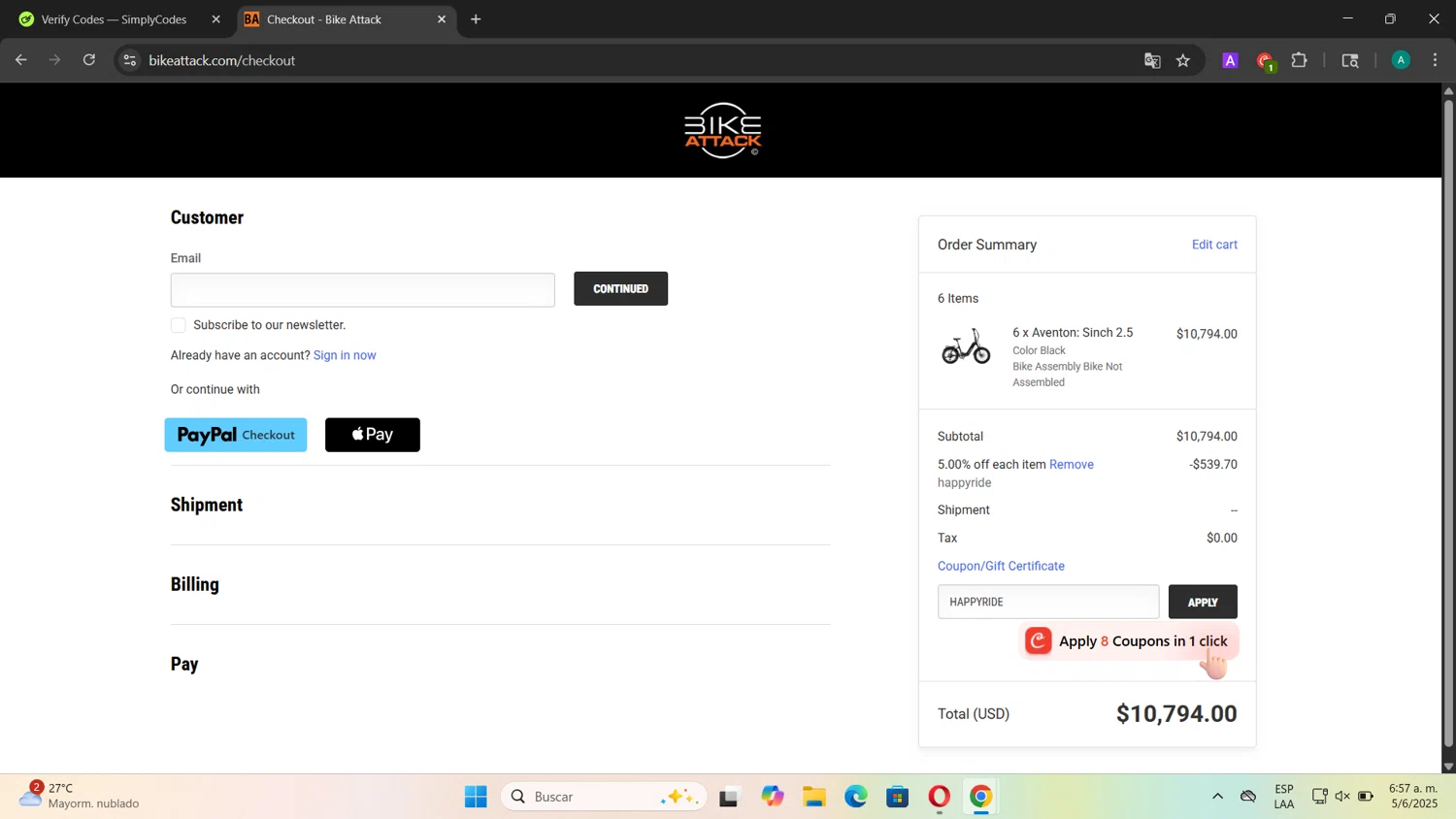 Bike Attack promo code screenshot showing code HAPPYRIDE applied at Bike Attack checkout page. Uploaded by SimplyCodes community member CouponSentinel181 on Jun 5, 2025