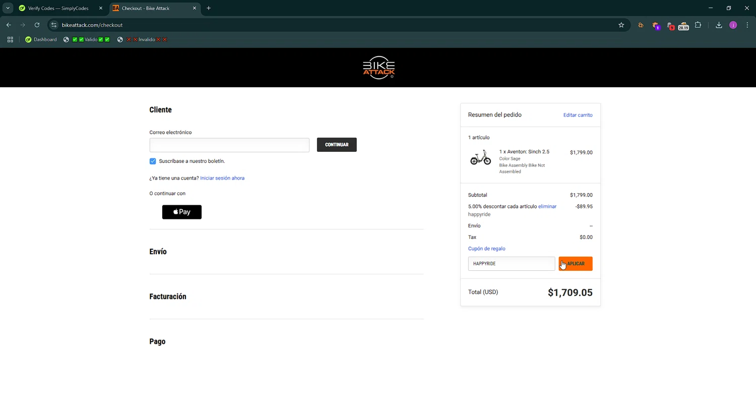 Bike Attack promo code screenshot showing code HAPPYRIDE applied at Bike Attack checkout page. Uploaded by SimplyCodes community member WonderMaverick6123 on Apr 8, 2025