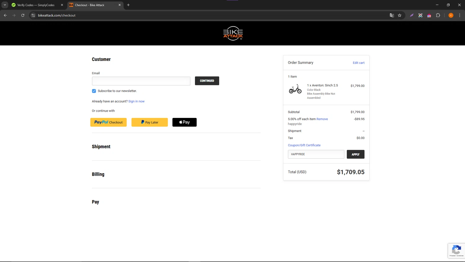 Bike Attack promo code screenshot showing code HAPPYRIDE applied at Bike Attack checkout page. Uploaded by SimplyCodes community member ShrewdCaptain9911 on Apr 8, 2025